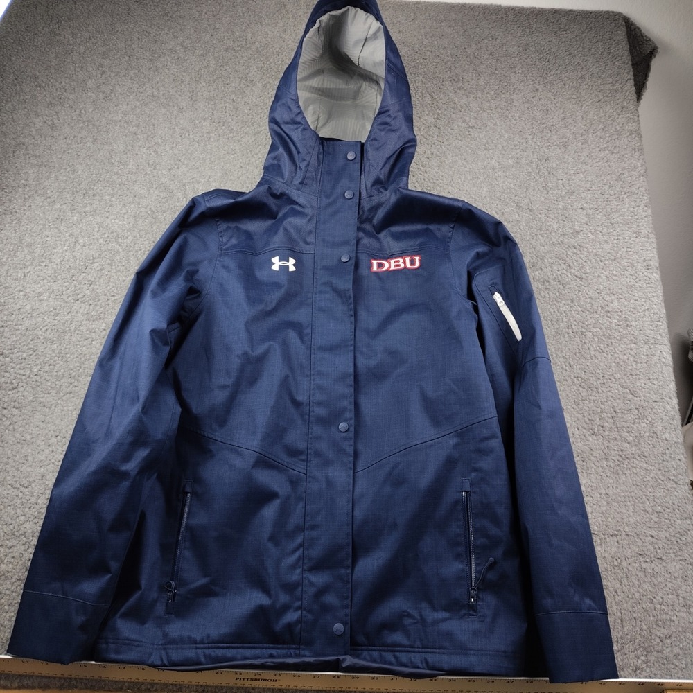 DBU Dallas Baptist Under Armour Jacket Mens Large ColdGear Hooded Navy Blue EUC